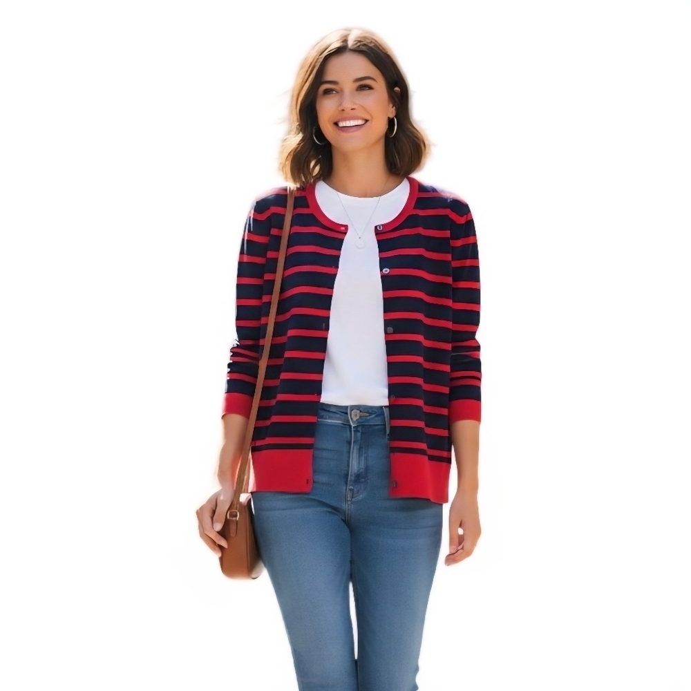 Lands' End Navy Red Striped Supima Cotton Nautical Cardigan Sweater Size L